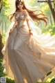 A woman in a wedding dress standing in the woods.