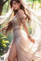 A woman in a wedding dress standing in the woods.